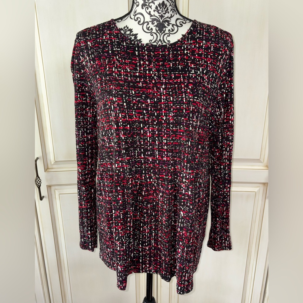J. Jill Wearever Collection Red/Black /Purple/White Patterned Top, Petite Large